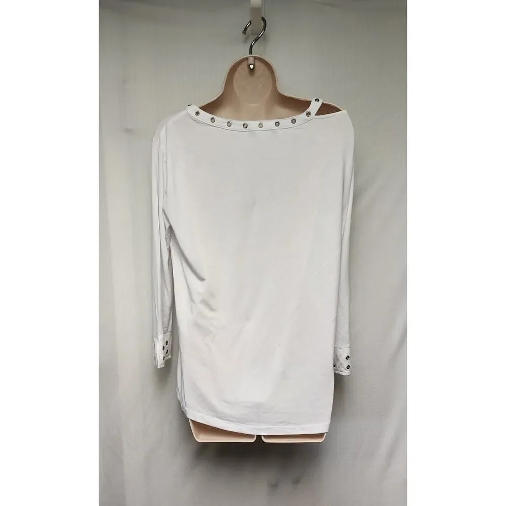 Sharon Young Long Sleeve T-Shirt Cut Out Neckline Blouse Size Medium Color White